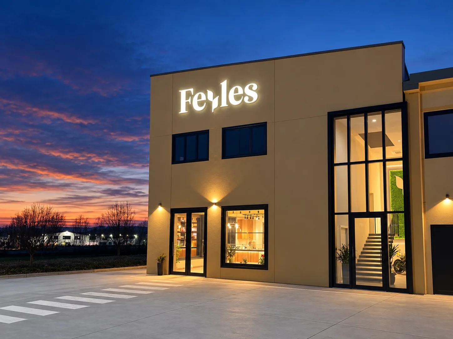 Lo stabilimento Feyles di Cambiano al tramonto: l'insegna luminosa sulla facciata ocra, le vetrine dello spaccio accese