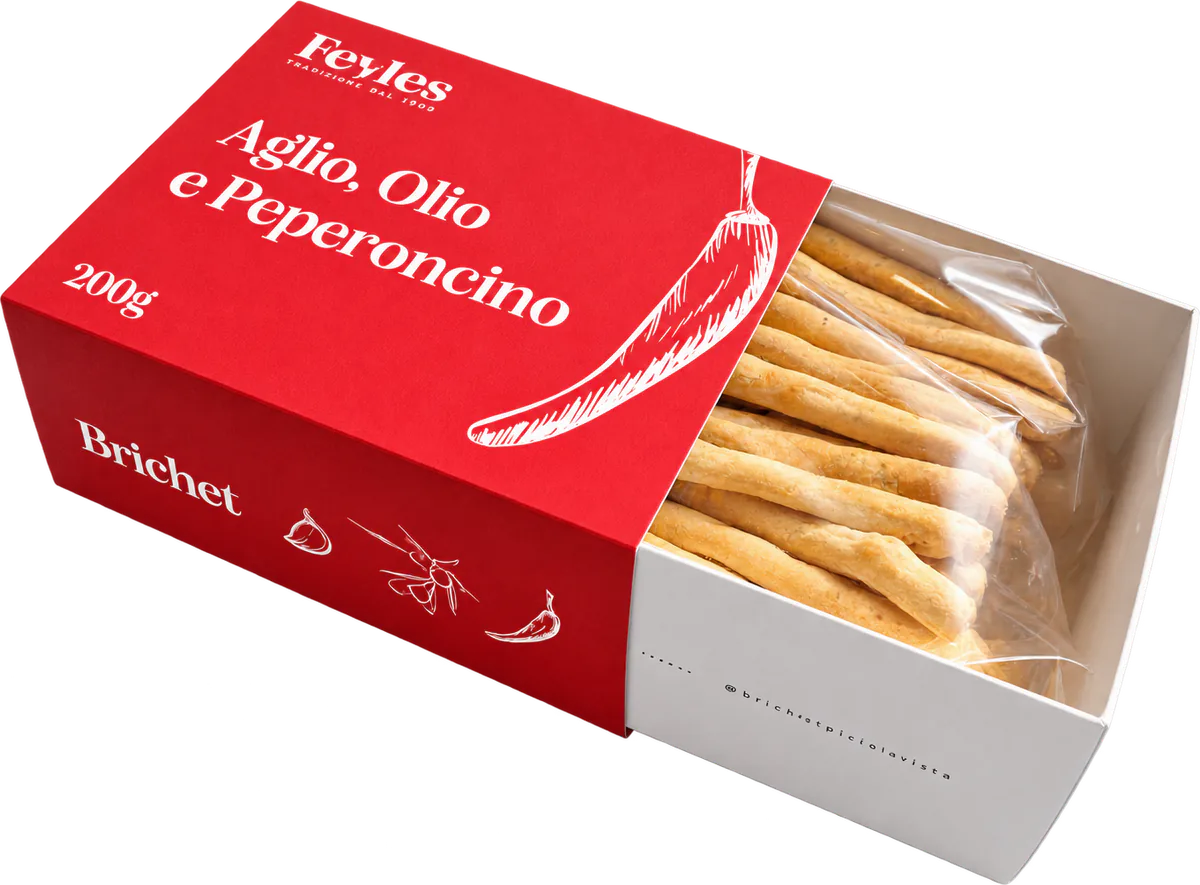 La confezione dei Brichet Aglio, Olio e Peperoncino Feyles